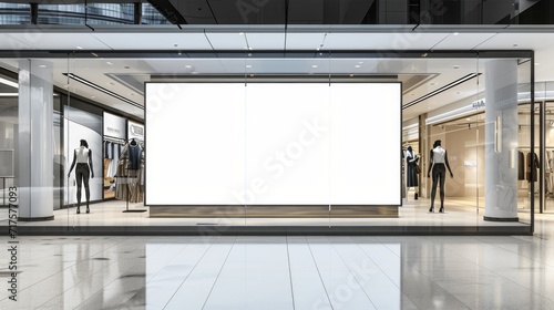 Blank billboard in a modern shopping center. Display for mock-up and advertising. Blackground with mannequins in fashion shop display window.   