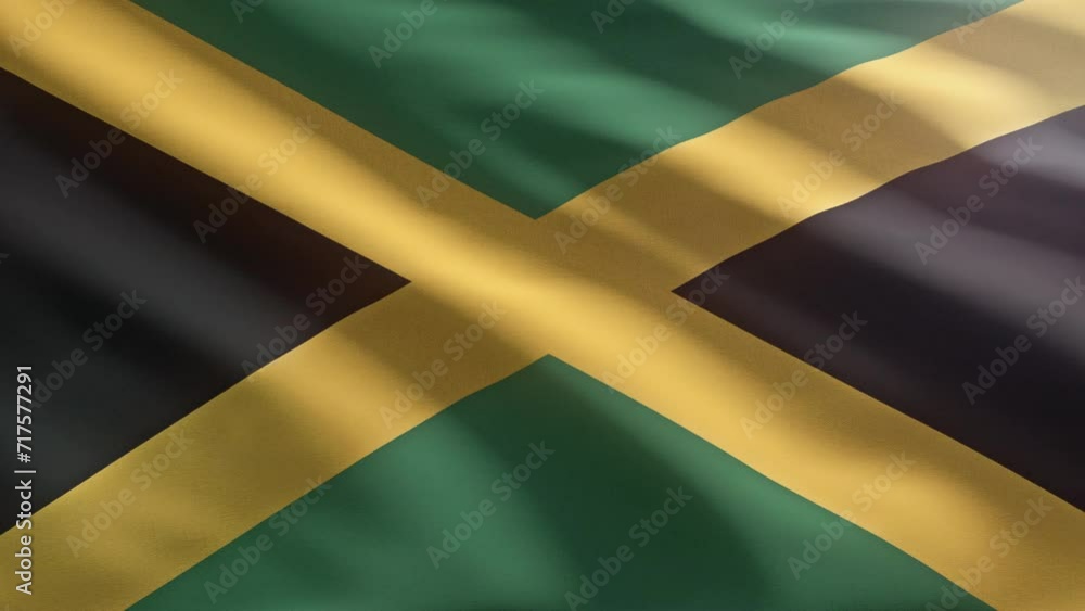 Fluttering The Colourful National Flag Of Jamaica Displaying The