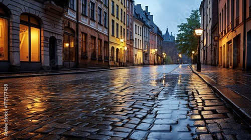 morning rain in an old european city. raindrops pattern photo