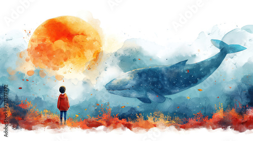 watercolor grungy noise texture art, a boy with a whale  sunset seascape background, Generative Ai