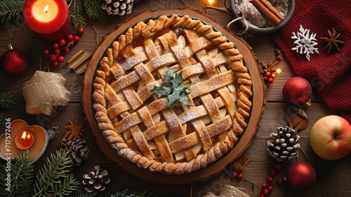 Apple pie within holiday setting, winter candles, pine cones