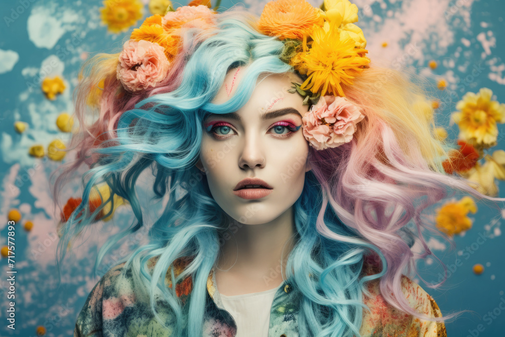 Rainbow haired girl with long hair and flowers