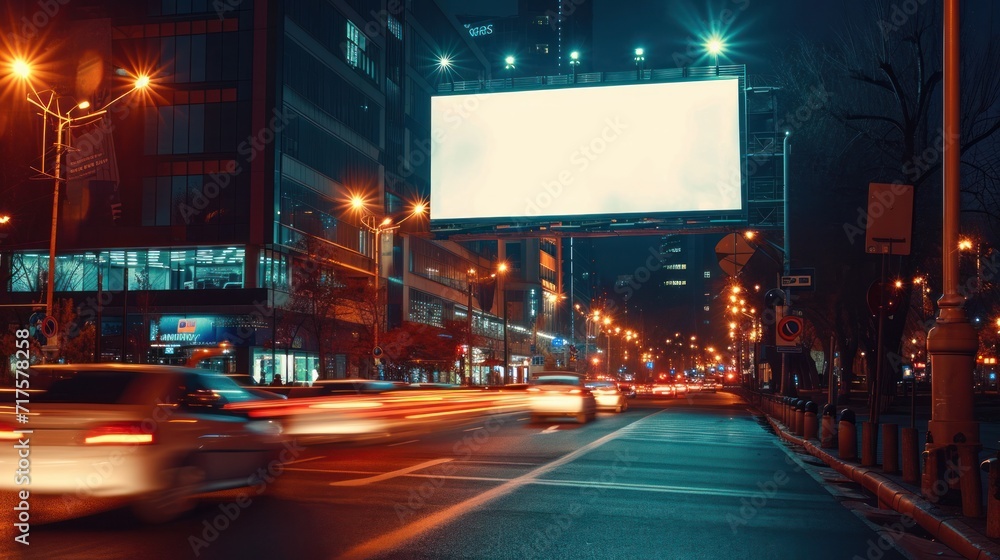 Capture Attention with This Modern Blank Billboard Mockup on a Busy Urban Street, Ideal for Displaying Your Marketing Message at Night   