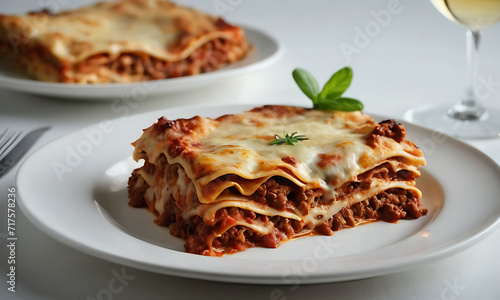Tasty lasagna with meat and cheese on plate, Closeup, Generative AI