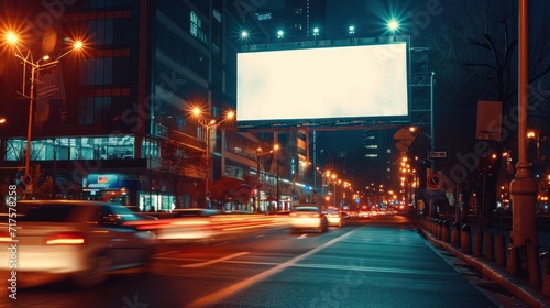 Capture Attention with This Modern Blank Billboard Mockup on a Busy Urban Street  Ideal for Displaying Your Marketing Message at Night   