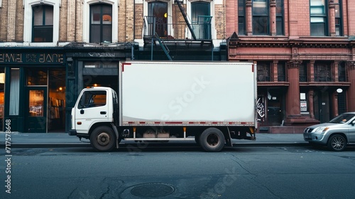 Delivery cargo truck with blank white board for mockup information is parked at urban street    photo