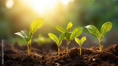 Young plants planted on fertile soil in sunlight.