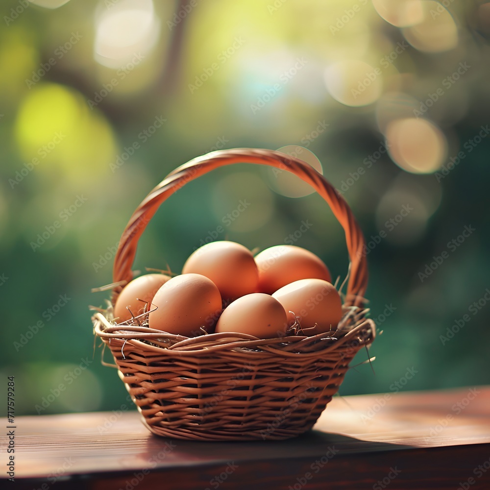 basket with eggs, Chicken eggs in basket on table with blurred background. natural lighting basket with eggs, Chicken eggs in basket on table with blurred background. natural lighting