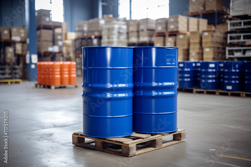barrels on pallets in the warehouse, two blue barrels in a warehouse with chemical products, generative ai photo