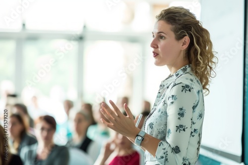 Confident woman giving a presentation at a conference photo