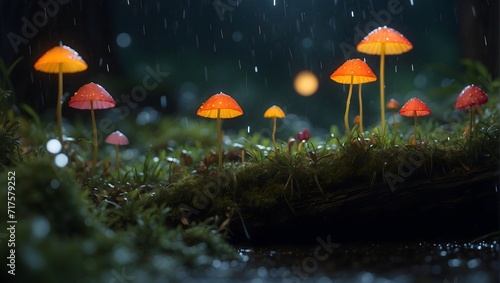 beautiful forest mushrooms at night in a fairytale forest
