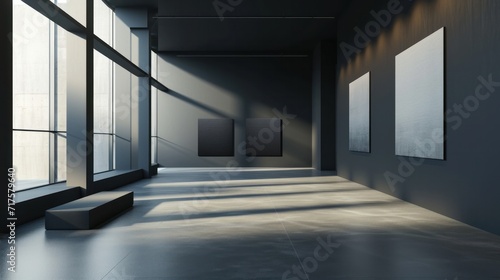 Modern black gallery interior with mock up place. 3D Rendering. 