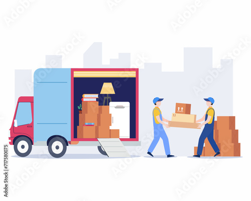 Moving service truck with loading cardboard boxes into the truck House relocation vector illustration.
