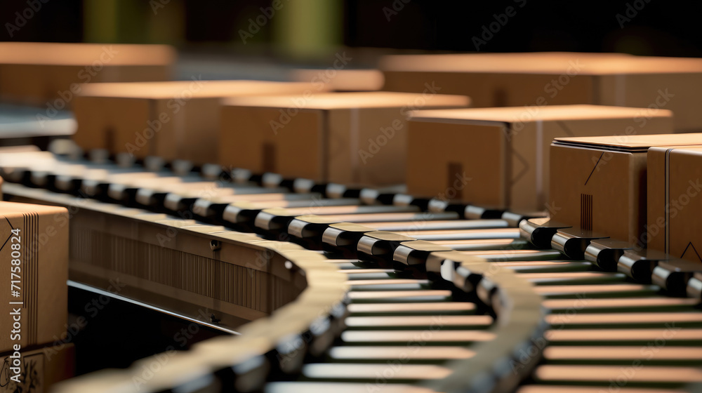A conveyor belt in a distribution warehouse with a row of cardboard box packages A conveyor belt in a distribution warehouse with a row of cardboard box packages