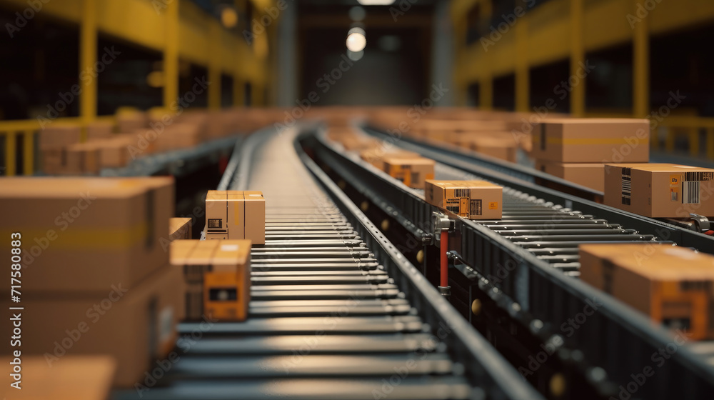 A conveyor belt in a distribution warehouse with a row of cardboard box packages A conveyor belt in a distribution warehouse with a row of cardboard box packages