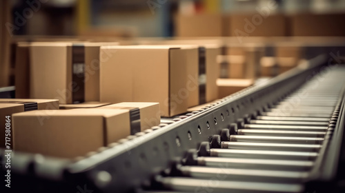 A conveyor belt in a distribution warehouse with a row of cardboard box packages