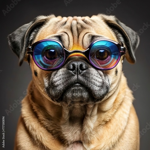 Pug dog with a colorful glasses