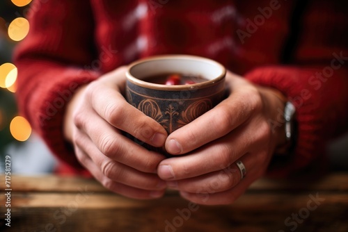 closeup of hands holding a steaming mug of mulled wine