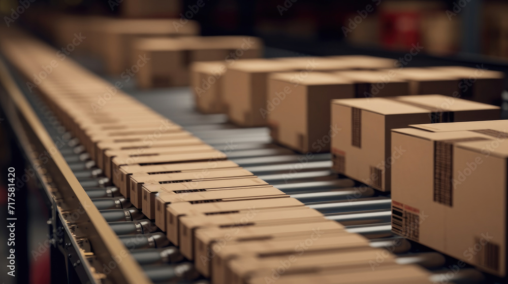 A conveyor belt in a distribution warehouse with a row of cardboard box packages