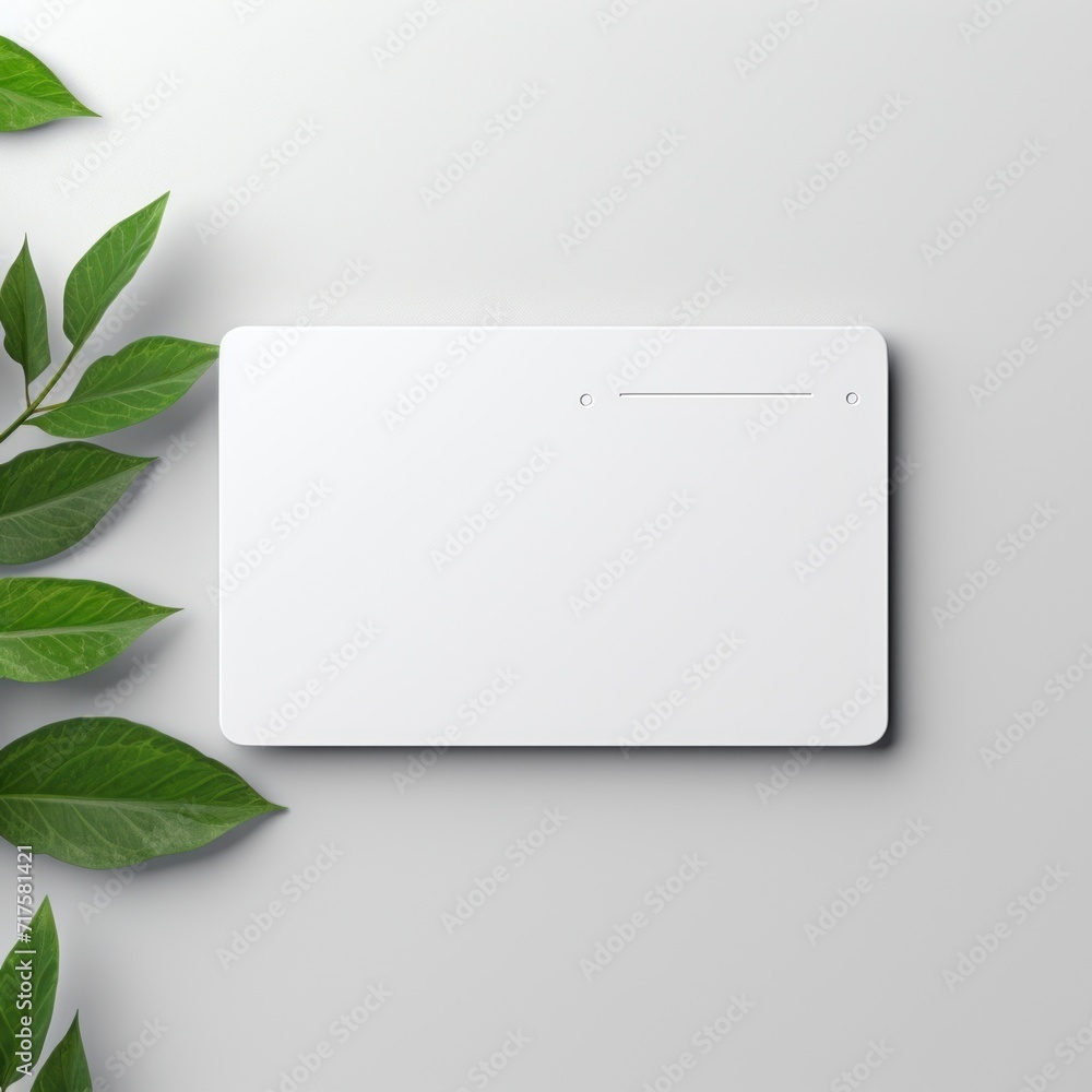 mockup on white background of a white plastic card including small green leaf generative AI. mockup on white background of a white plastic card including small green leaf generative AI.