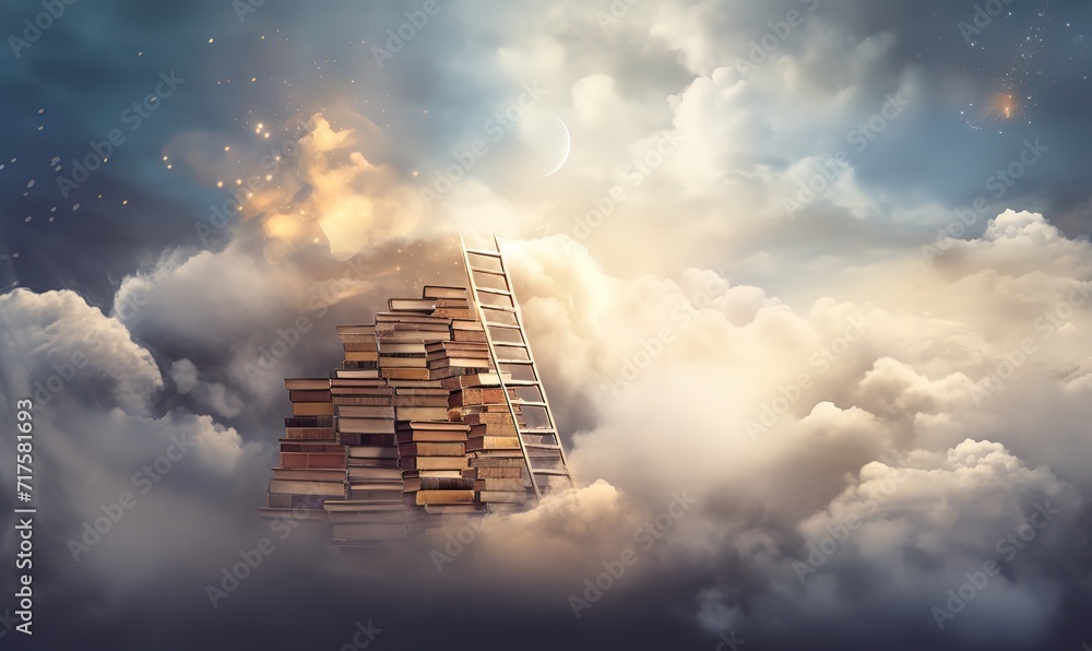 A ladder in front of a tall stack of books that pierced the clouds in the sky. generative AI - obrazy, fototapety, plakaty 