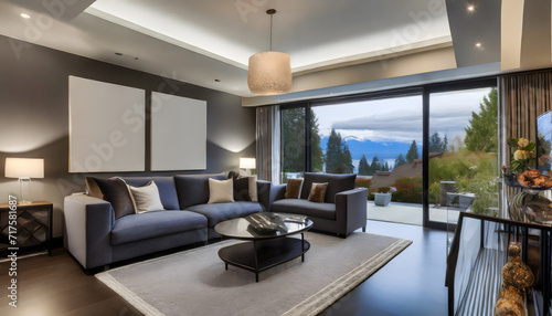 Large modern luxury living room interior in Bellevue home. Generative AI. © hanifa