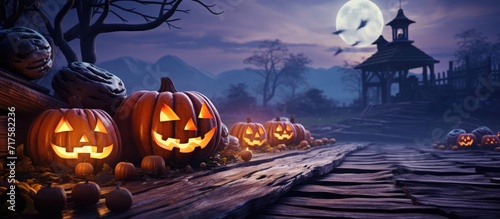 Halloween Old Wooden Plank Table, With Orange Pumpkins in Purple Moonlight Landscape