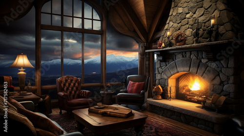 mountain lodge with a stone fireplace watching rain photo