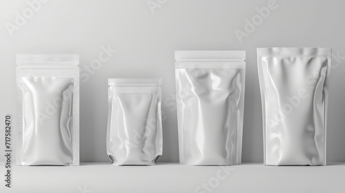 White glossy zip lock plastic bag vector mock-up set. Blank zipper stand-up pouch package mockup kit    photo