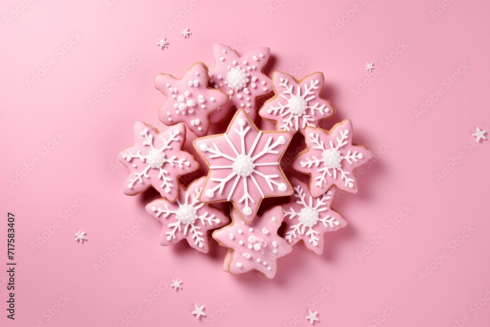 Festive Holiday Biscuits in the Shape of Snowflakes, on isolated pink background, Generative AI Festive Holiday Biscuits in the Shape of Snowflakes, on isolated pink background, Generative AI
