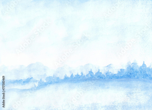 Watercolor painting of winter concept. Heavy snowfall, Natural Christmas tree background. Winter landscape with falling. copy space for the text. Hand painted texture style.