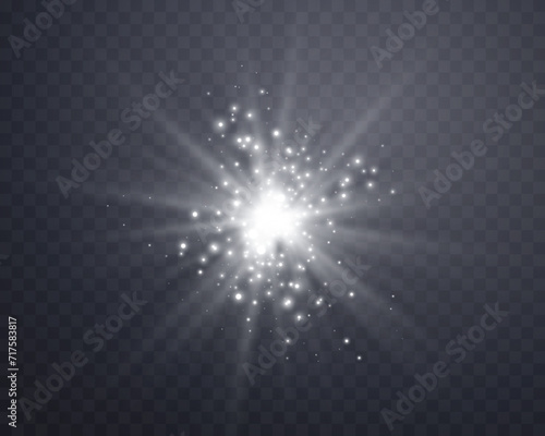 Silver sunlight lens flare, sun flash with rays and spotlight. Glowing burst explosion on a transparent background. Vector illustration.