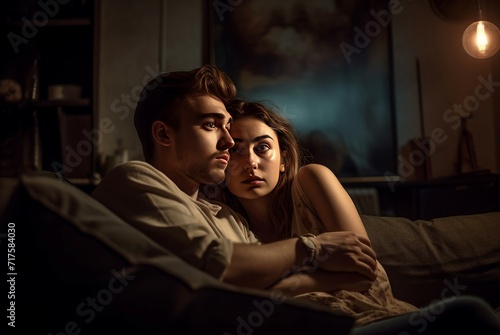 Husband and wife watching horror movie in dark. Extreme movies, lamp light, couple in love. Generate Ai