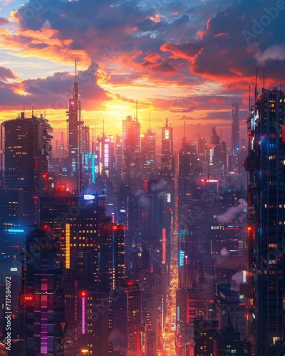A panoramic view of a bustling city skyline at sunset, with vibrant colors and urban energy