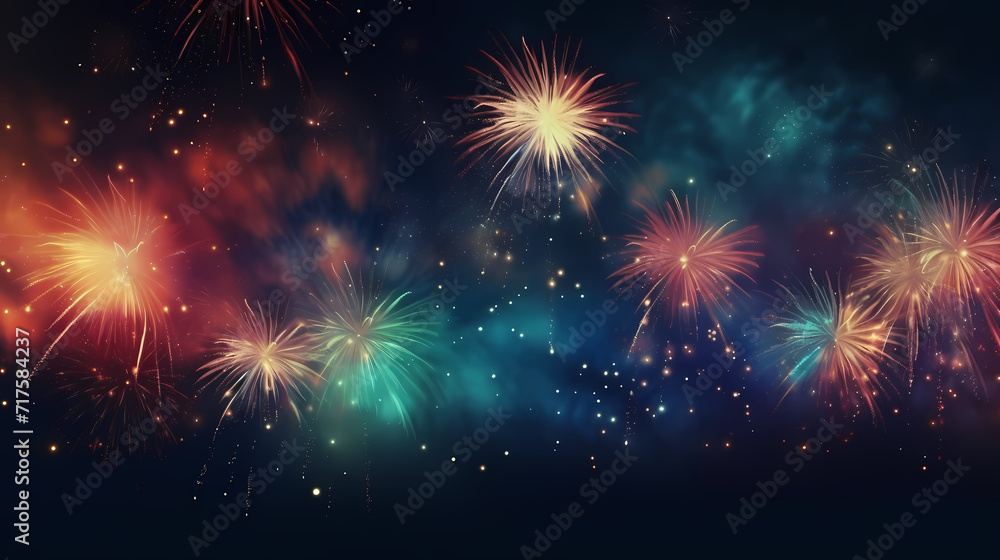 Happy New Year, burning fireworks with bokeh light background