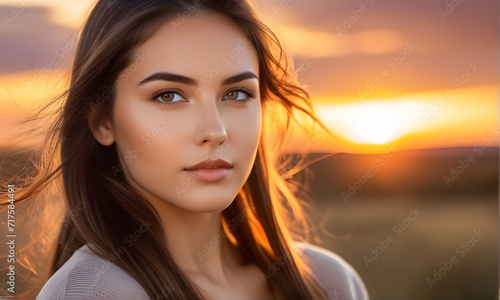 Close up portrait of beautiful young woman on sunset background. Ecology and environment concept
Close up portrait of beautiful young woman on sunset background. Ecology and environment concept