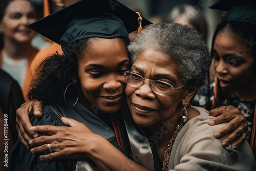 Mother hugging her daughter in graduation cap photo