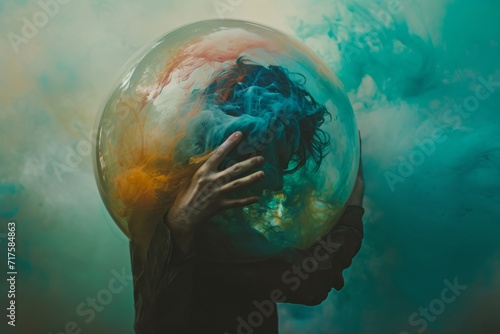 A person hugging a transparent sphere with swirling colored inks inside  creating a dreamlike and artistic visual