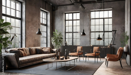 Living room interior in loft  industrial style  3d render. Generative AI.
