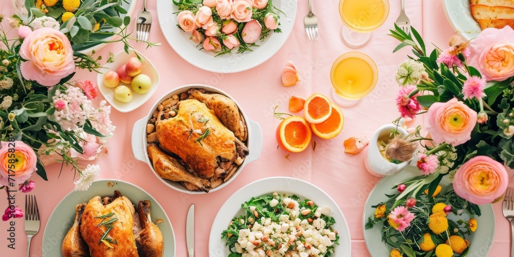 A lot of different food on a pastel pink table, top view. Pasta, fresh cereal bread, grilled chicken, vegetables and salad. Flat lay. Copy space. A lot of different food on a pastel pink table, top view. Pasta, fresh cereal bread, grilled chicken, vegetables and salad. Flat lay. Copy space.