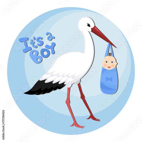 Cute stork and baby. Vector illustration of a cartoon bird carrying a newborn kid isolated on a blue background.