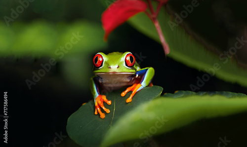 red eyed tree frog lurking in background leaves with interested eyes exotic amphibian macro treefrog agalychnis callydrias copyspace animal staring, generative ai