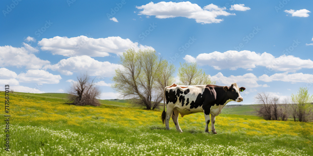 Spotted cow grazes in a meadow in springtime Spotted cow grazes in a meadow in springtime