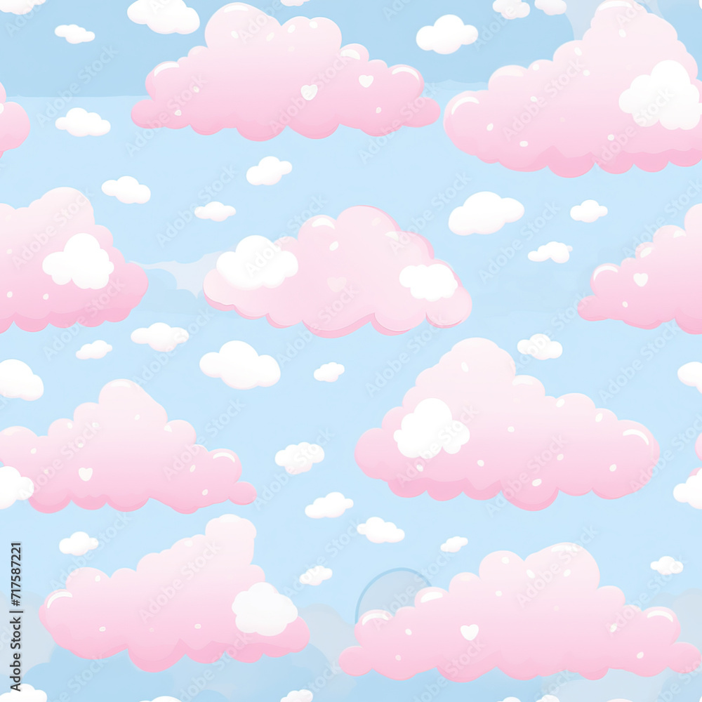Seamless pattern with cute pink clouds