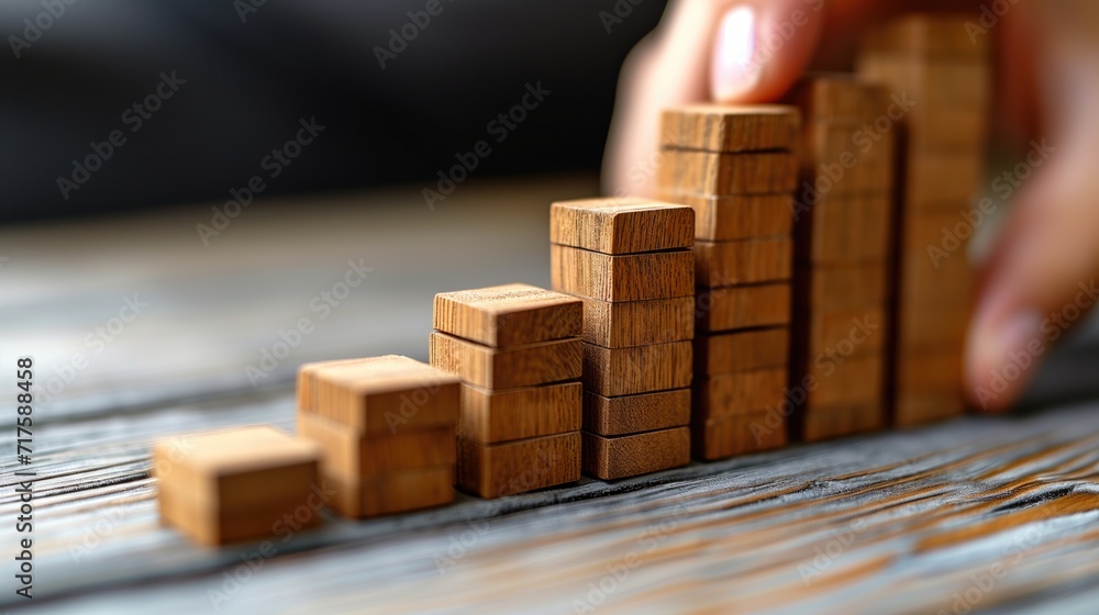Hands stacking wooden blocks Shaped like profit graph charts. symbolize financial wealth, investment, and the world of business and banking
