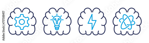 Brainstorm icon set. Brain with bulb, lightning bolt, gear. Stock vector.