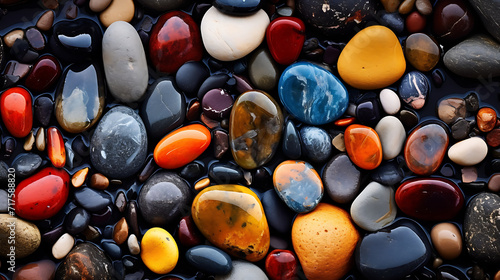 Nasse bunte Steine an einem Flussufer, Hintergrundbild  photo
