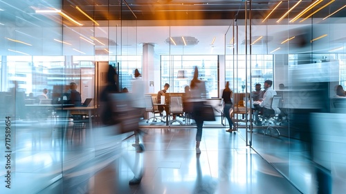 Crowd at the office. Blurred business people background. Busy time work scene. Rush hour time concept