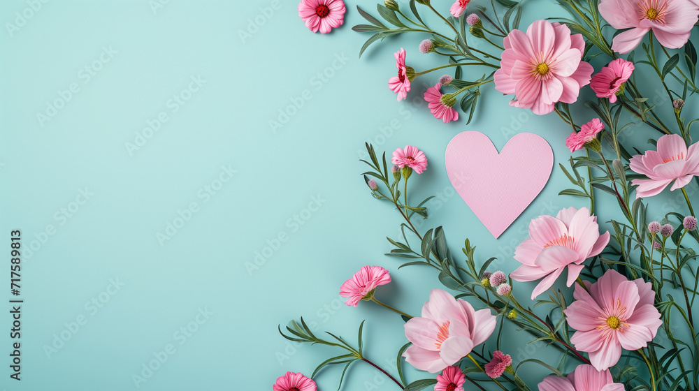 Pink flowers and paper heart over punchy pastel background