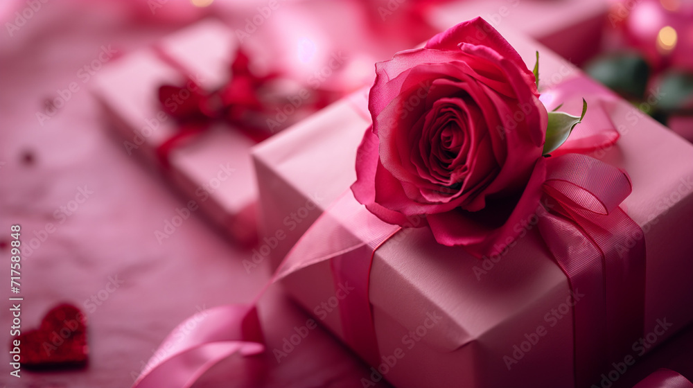 Beautiful red rose on gift boxes in a pink heart present. Valentines day gift.